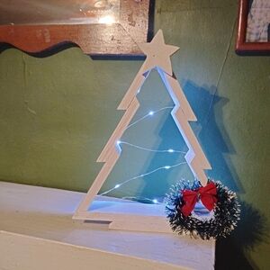 Festive White Wooden Christmas Tree with Lights and Wreath